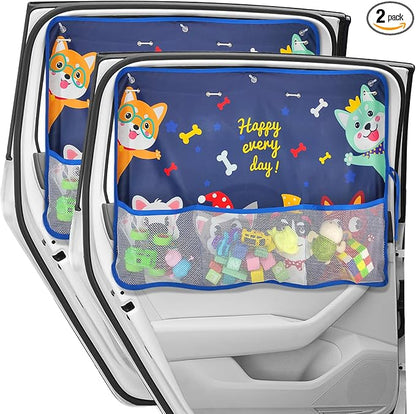 DIZA100 2 Pack Car Window Shade for Baby, Blackout Car Sun Shades with Storage Pockets, 7 Suction Cups, Blue, Cute Patterns for Sun/Heat/UV Rays Protection, Standard Passenger Cars