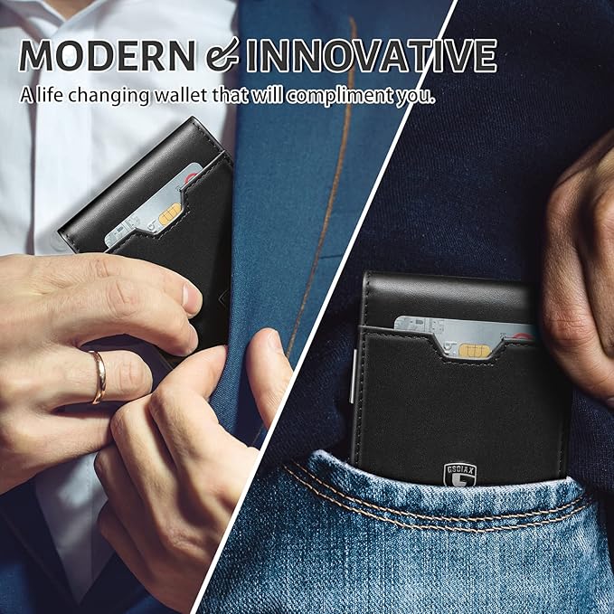 GSOIAX Men's Slim RFID Blocking Leather Wallet with Money Clip Minimalist Carbon Fiber Bifold Credit Card Holder 11 Card Slots Gift Box Included(A-Leather Blcak)