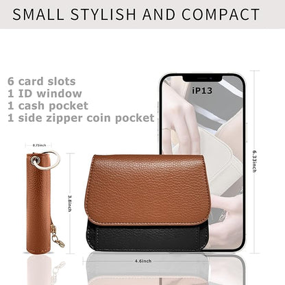 Women Small Wallet RFID Blocking Slim Wallet with Coin Pocket Tri-Fold Credit Card Holder with ID Window and Keychain(Brown＆Black)
