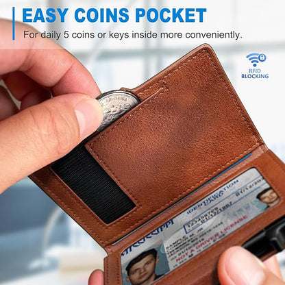 miyozi Wallet for Men, Magnetic Minimalist Slim Wallet with Pop Up Card Holder, 9 Cards RFID Blocking Metal Credit Card Case, Leather Wrapped Money Clip, ID Window & Small Item Slot, Gift Boxed