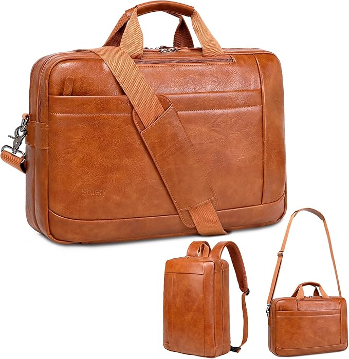 Faux Leather Messenger Bag for Men | 17-17.3 Inch Leather Mens Laptop Bag Leather Briefcasen Convertible Backpack 3 in 1 Computer Handbags Work Bag Shoulder Crossbody Bag Office | Vintage Brown