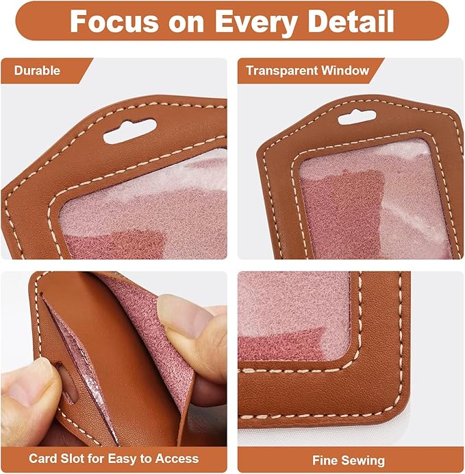 2 Pack Genuine Leather Badge Holder, Key Card Holder, Vertical ID Badge Holder for Student, Teacher, Office, Work and Factory (Brown)