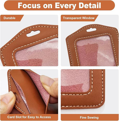 2 Pack Genuine Leather Badge Holder, Key Card Holder, Vertical ID Badge Holder for Student, Teacher, Office, Work and Factory (Brown)