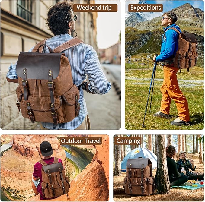Wogarl Vintage Leather Canvas Backpack, Waxed Canvas Shoulder Rucksack with Toiletry Shoulder Rucksack for Traveling, Camping, Hiking,Business College Fits 17inch Laptop,Coffee