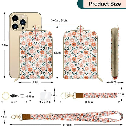 Colorful Floral Lanyard Wallet with ID Badge Holder PU Leathe RFID Small Keychain Wallet Women Wristlet Lanyard Wrist Strap, RFID Blocking for Office School Business Security Staff Women