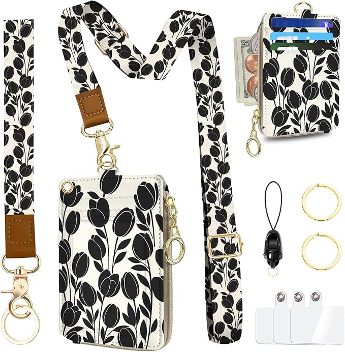 Flower Lanyard Wallet Women, Id Badge Holder with Neck & Wristlet Lanyard, Pu Leather Zipper Id Card Holder with Adjustable Lanyard, Id Badge with RFID Keychain Wallet for Women Office Gifts