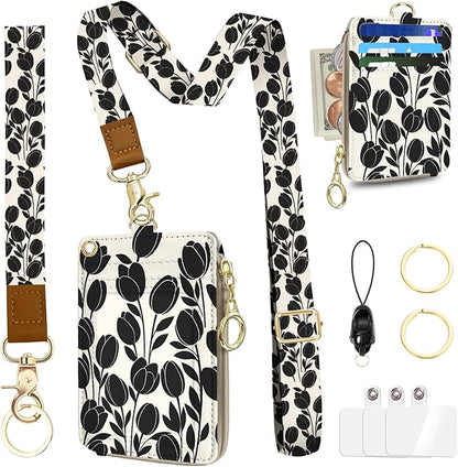 Flower Lanyard Wallet Women, Id Badge Holder with Neck & Wristlet Lanyard, Pu Leather Zipper Id Card Holder with Adjustable Lanyard, Id Badge with RFID Keychain Wallet for Women Office Gifts