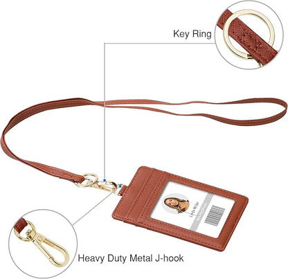 ID Badge Holder with Lanyard, Vertical PU Leather ID Badge Card Holder with 1 Clear ID Window, 4 Credit Card Slots and a Detachable Neck Lanyard (Brown)