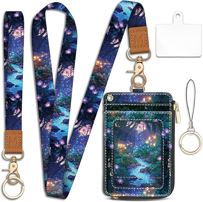Forest Firefly Lanyard Wallet with ID Badge Holder, Floral Small RFID Wallet Women Keychain Wristlet, Slim Credit Card Holder with Zipper Pocket Phone Lanyard Wrist Strap Name Tag Office Teacher Gift
