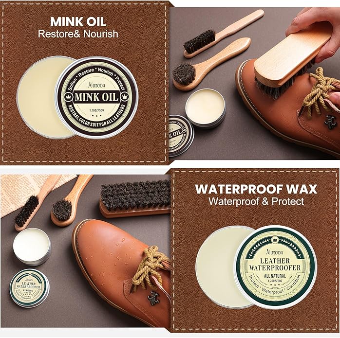 Nuroon 10Pcs Leather Care Kit- 3Pcs Horsehair Brushes, 1.76oz Saddle Soap, 1.76oz Mink Oil and Wax Waterproofer