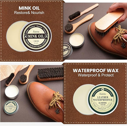 Nuroon 10Pcs Leather Care Kit- 3Pcs Horsehair Brushes, 1.76oz Saddle Soap, 1.76oz Mink Oil and Wax Waterproofer