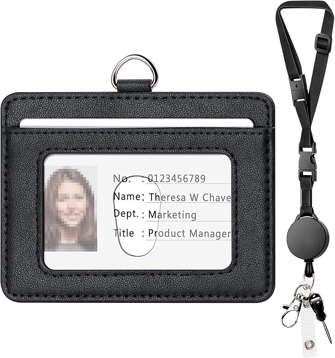 Leather Badge Holder and Adjustable Retractable Lanyards, Quick Release Buckle and Safety Breakaway Lanyards with Swivel Metal Clasp for Offices, Staff, Students, Employees