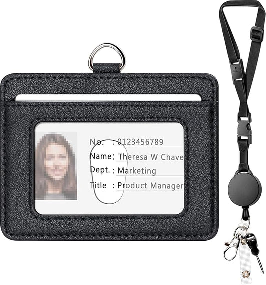 Leather Badge Holder and Adjustable Retractable Lanyards, Quick Release Buckle and Safety Breakaway Lanyards with Swivel Metal Clasp for Offices, Staff, Students, Employees