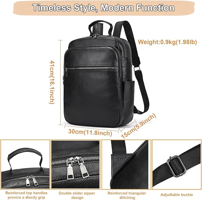 Genuine Leather 15.6 Inch Laptop Backpack for Men & Women, Business Commute Bag Daypack with Multi-Pockets for Travel Outdoor