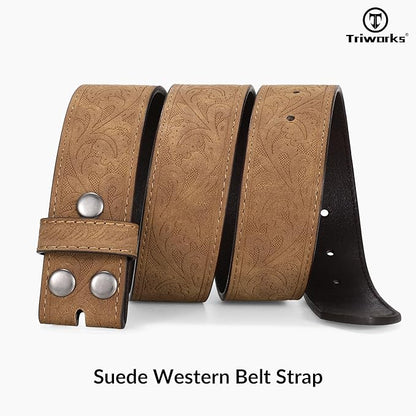 TRIWORKS Western Belt Strap for Men without Buckle 1.5" Wide Floral Engraved Embossed Leather Belt Strap