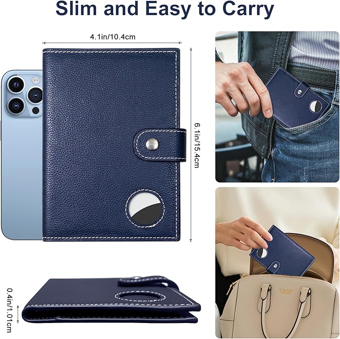 Genuine Leather Passport Holder for Travel, RFID Blocking Passport Wallet with Tracker Holder, Slim Passport Cover Travel Wallet for Women Men, Airport Essentials (Blue)