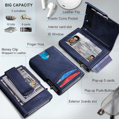 miyozi Wallet for Men, Magnetic Minimalist Slim Wallet with Pop Up Card Holder, 9 Cards RFID Blocking Metal Credit Card Case, Leather Wrapped Money Clip, ID Window & Small Item Slot, Gift Boxed