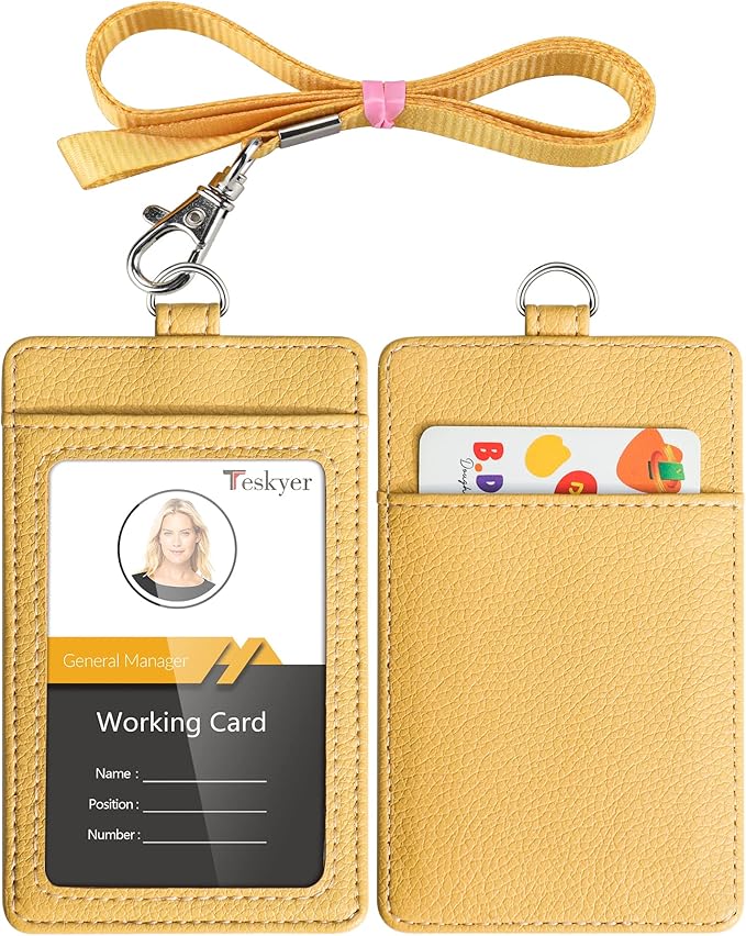 Teskyer Badge Holder with Lanyard, Leather ID Name Badge Card Holder with Lanyard for ID Badges, Vertical, Lychee Pattern Yellow