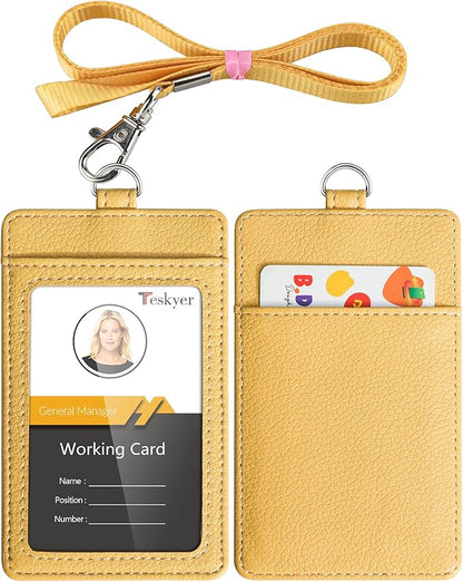 Teskyer Badge Holder with Lanyard, Leather ID Name Badge Card Holder with Lanyard for ID Badges, Vertical, Lychee Pattern Yellow