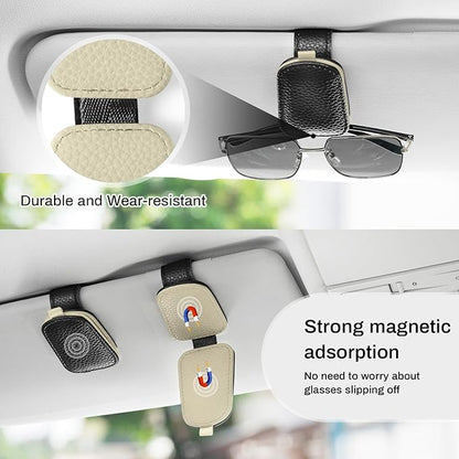 SINGARO Sunglasses Holder for Car, Leather Magnetic Buckle Sun Visor Sunglass Clip, Ticket Card Storage Glasses Clip, Car Interior Accessories for Men and Women（2PCS Black-Beige）