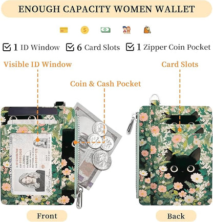 Hancynir Slim Wallet Women Credit Card Holder Cute Black Cat Floral RFID Small Mini Card Case Front Pocket PU Leather Thin Travel Zipper Coin Cash ID Window Girls Wallet Gifts