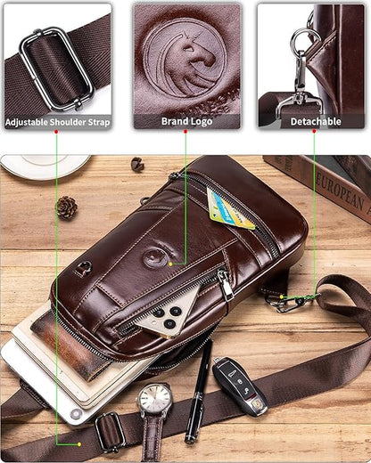 RAINBOW HORSE Genuine Leather Shoulder Bag, Men's Crossbody Chest Bag, Casual Front Pack, Suitable for Travel, Hiking, and Daily Use