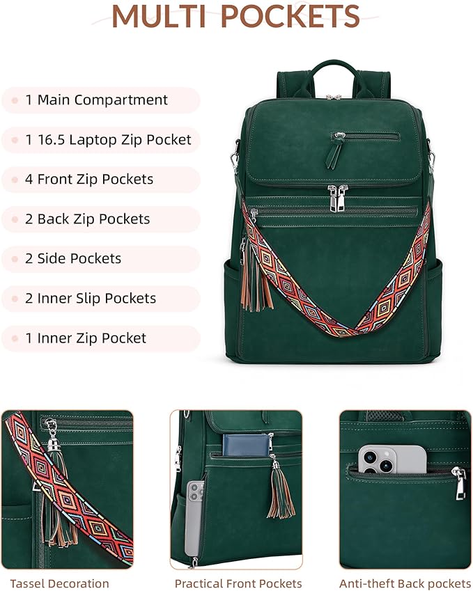 SYTRAH Leather Laptop Backpack for Women Designer Laptop Bag, 16.5 inch Travel Computer Backpacks Purse with Tassel for Work Business with Satchel Purse Green