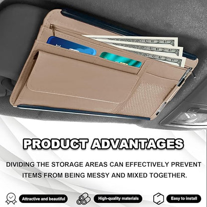 Car Sun Visor Storage Bag, Soft Leather Surface Organizer, Scratch-Resistant Auto Sunshade Organizer Bag, Can Store ID Card, Eyeglasses, Pen, Driving License etc (Beige)