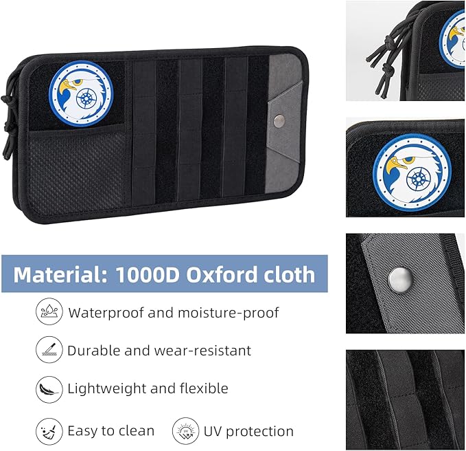 Car Sun Visor Organizer, Heavy Duty Molle Panel with Double Zipper Multi-Pockets & Glasses Clip, Tactical Storage Pouch for Cars, SUVs, Trucks (2 Pack)