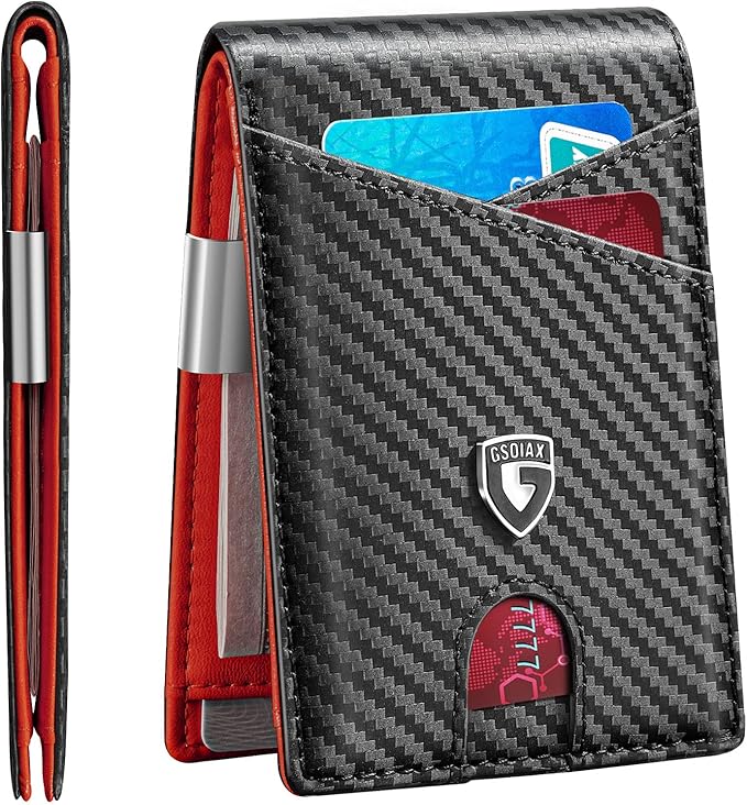 GSOIAX Slim Leather RFID Bifold Wallet for Men Minimalist Front Pocket Wallet with Money Clip,12 Card Slots,ID Window,Cool Groove Design,Includes Gift Box (Carbon Red)