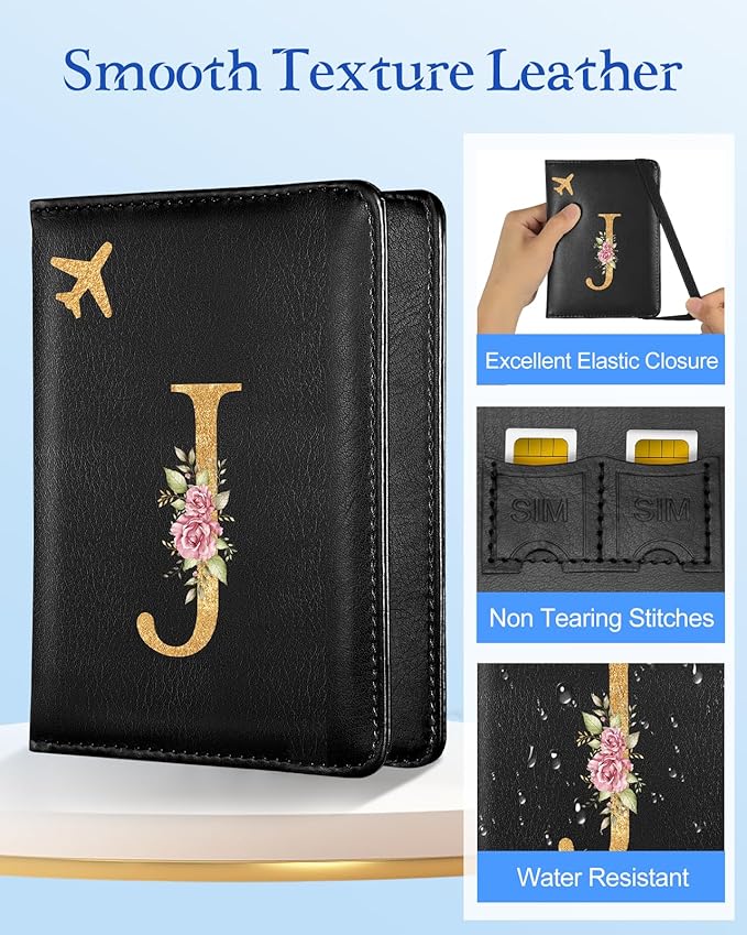 Slohif Initial Passport Holder Cover Wallet Case for Travel Women - Leather Letter Passport Book Family Multiple Personalized Organizer Card Slots Protector Sleeve Essentials Slim Carrier J Black