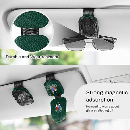 SINGARO Sunglasses Holder for Car, Leather Magnetic Buckle Sun Visor Sunglass Clip, Ticket Card Storage Glasses Clip, Car Interior Accessories for Men and Women（Black-Green）