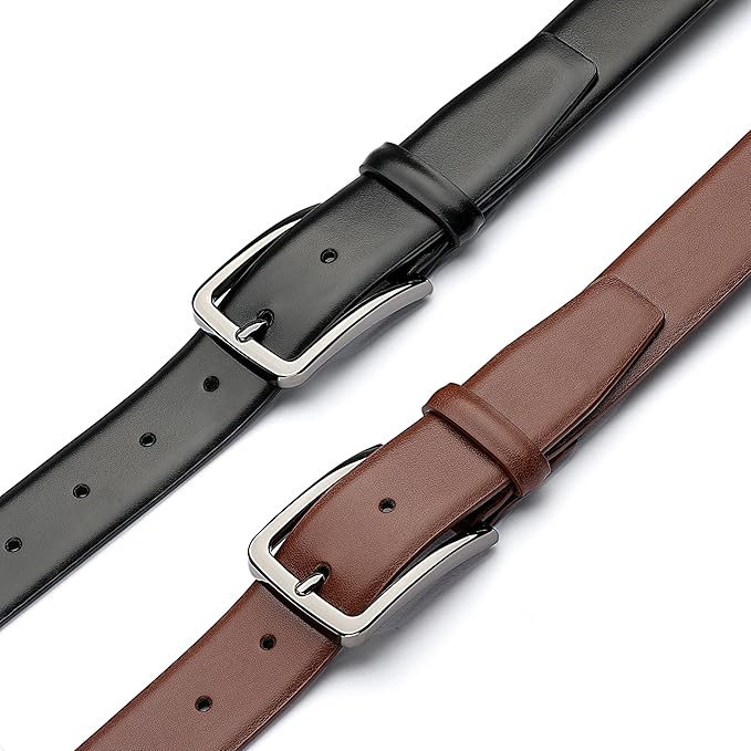 MILORDE Men's Leather Dress Belt 2Pack, Handmade, Genuine Leather, Fashion & Classic Designs for Work Business and Casual