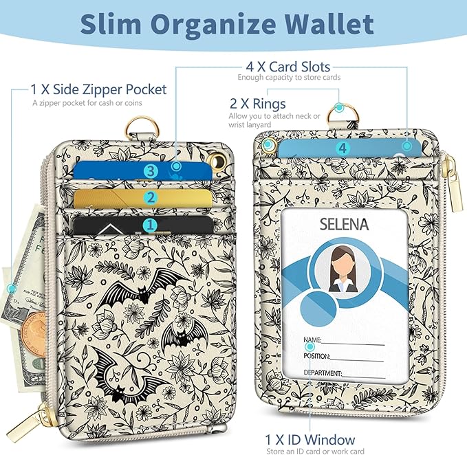 Lanyard Wallet with Id Badge Holder, Gothic Bat RFID Small Keychain Wallet Women Wristlet, Cute Zipper Credit Card Holder Phone Wrist Neck Strap for Key Name Tag, Teacher Student Office Gifts