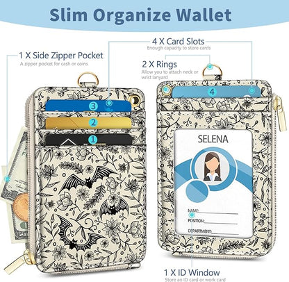 Lanyard Wallet with Id Badge Holder, Gothic Bat RFID Small Keychain Wallet Women Wristlet, Cute Zipper Credit Card Holder Phone Wrist Neck Strap for Key Name Tag, Teacher Student Office Gifts