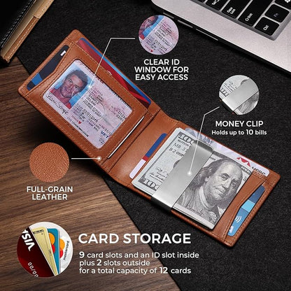 Zitahli Genuine Leather Wallet for Men 12 Card Slim Mens Wallets Bifold RFID Blocking with Money Clip & ID Window Thin Minimalist Card Holder Wallet with Gift Box