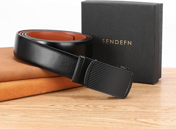 SENDEFN Men's Leather Belt - Automatic Ratchet Slide Buckle, Easy Trim-to-Fit Function, Packaged with Gift Box