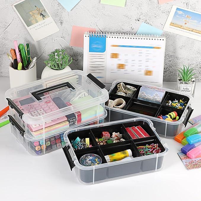 JUXYES 4-Tiers Stack Carry Storage Box With 2 Divided Tray, Transparent Stackable Storage Bin With Handle Lid Latching Storage Container for School & Office Supplies, Black