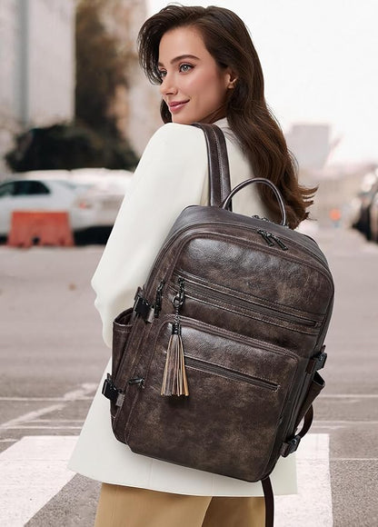 Shrrie Laptop Backpack for Women,Vegan Leather Backpack Work Computer Backpacks fits 16" Laptop,Water Resistant Teacher Nurse Casual Daypack for Weekender Camping Travel,Two-toned Coffee