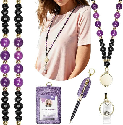 Azrra Lanyards for ID Badges and Keys, Natural Stone Beaded Teacher Lanyard with Bling ID Badge Holder and Pen Holder, Cute Retractable Badge Lanyard for Women (Purple)