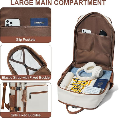 Shrrie Laptop Backpack for Women,Vegan Leather Backpack Work Computer Backpacks fits 16" Laptop,Water Resistant Teacher Nurse Casual Daypack for Weekender Camping Travel,Beige with Brown
