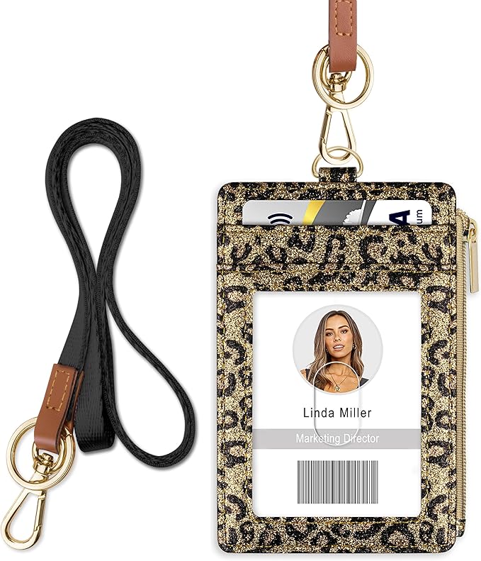 ID Badge Holder with Lanyard, Vertical Bling Shiny ID Badge Card Holder with 1 Clear ID Window, 4 Credit Card Slots, 1 Cash Coin Slot and a Detachable Neck Lanyard (Bling Leopard)