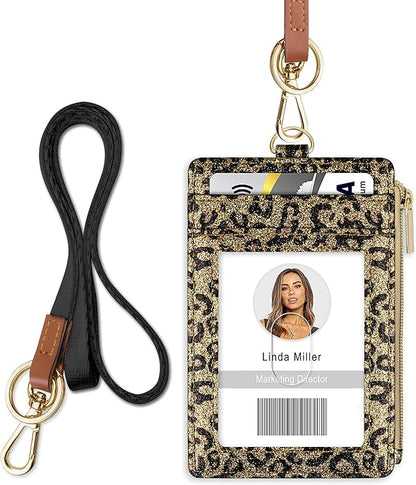 ID Badge Holder with Lanyard, Vertical Bling Shiny ID Badge Card Holder with 1 Clear ID Window, 4 Credit Card Slots, 1 Cash Coin Slot and a Detachable Neck Lanyard (Bling Leopard)