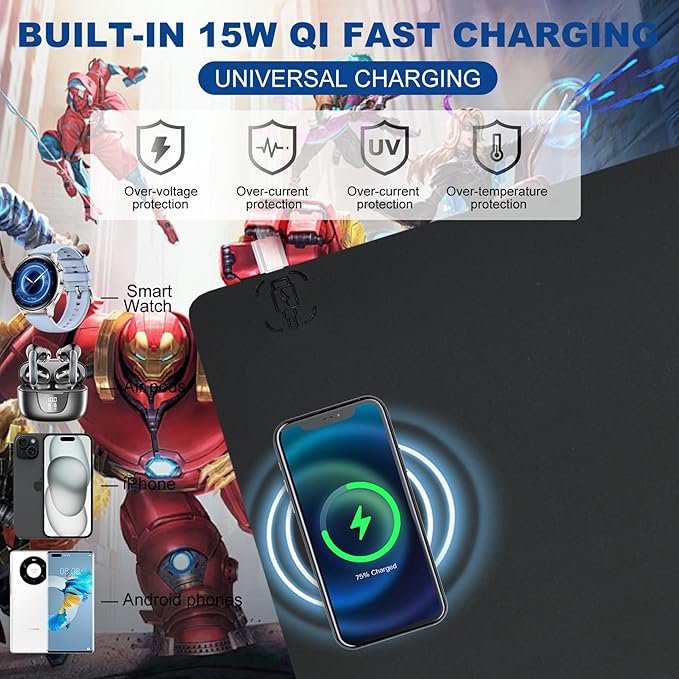 Desk Mat with Wireless Charging, Black Mouse Pad with Wireless Charger, Desk Pad Matt for Desktop, Mousepad Gaming Large Mouse Pad, Leather Compute for Keyboard and Mouse, 32" x 16"