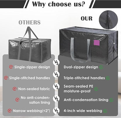 12 Pack Moving Bags with Full-Open Side Zipper, Extra Large 93L Heavy Duty Waterproof Foldable Storage Totes for College Dorm, Moving & Home Organization Gray