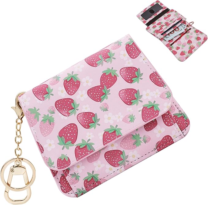 Women Small Wallet RFID Blocking Slim Wallet with Coin Pocket Tri-Fold Credit Card Holder with ID Window and Keychain (Strawberry)