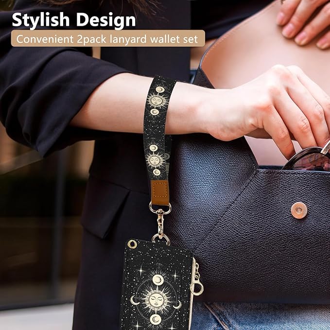 bolimoss Sun and Moon Badge Holder & Lanyard Wallet Removable Lanyards for Teacher Womens Wallet with Wristlet & Neck Lanyard, Clear Window, 5 Card Slots, Pocket,1 Side Zipper Pocket, Ring Keychain