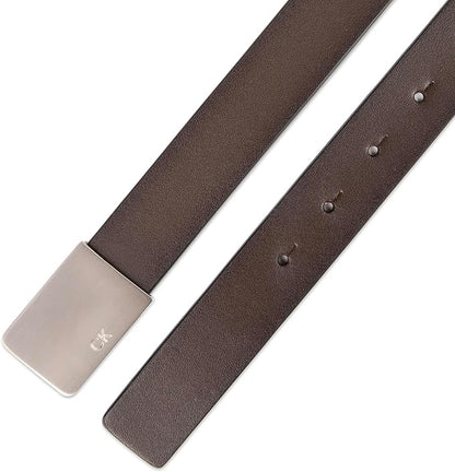 Calvin Klein Men's Plaque Buckle Belt - Casual Modern Style With Logo Detail for Jeans and Dress Pants