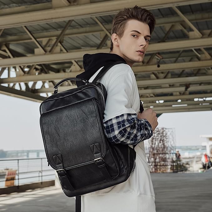 Leather Travel Laptop Backpack For Men Fit 15.6" Waterproof Vintage Backpack Business Work Knapsack College Commute Hiking Black Backpacks