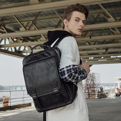 Leather Travel Laptop Backpack For Men Fit 15.6" Waterproof Vintage Backpack Business Work Knapsack College Commute Hiking Black Backpacks